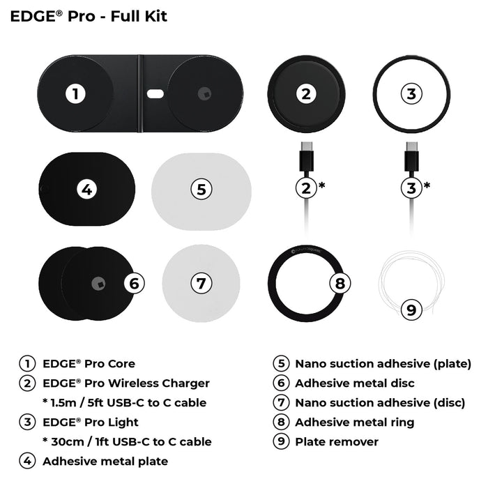 EDGE® Pro Full Kit - MagSafe modular kit - Hyperspace Black - MagSafe modular kit with black EDGE Pro case, wireless charger, USB-C cables, suction adhesives, metal disc, ring, and plate . - Rolling Square
