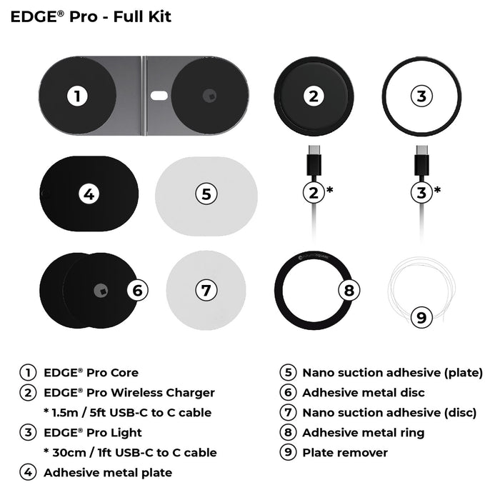 EDGE® Pro Full Kit - MagSafe modular kit - Hyperspace Black - EDGE Pro Full Kit components including MagSafe wireless charger, Pro coil, USB-C cables, nano suction adhesive, metal disc,. - Rolling Square