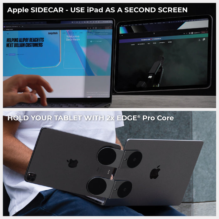EDGE® Pro Full Kit - MagSafe modular kit - Hyperspace Black - Two tablets connected with black MagSafe modular attachments, showing multitasking and secure mounting features. - Rolling Square