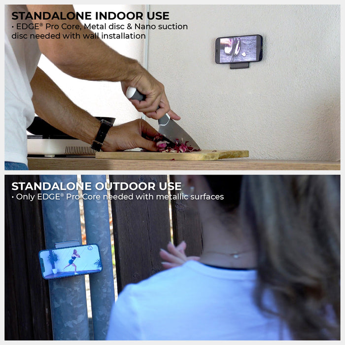 EDGE® Pro Full Kit - MagSafe modular kit - Hyperspace Black - Edge Pro modular MagSafe kit mounted on wall for indoor and outdoor use, holding a smartphone in black and gray environments. - Rolling Square