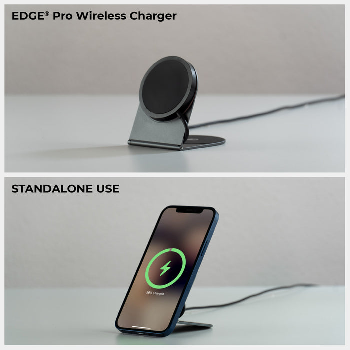 EDGE® Pro Full Kit - MagSafe modular kit - Hyperspace Black - MagSafe-compatible black wireless charger stand with angled base and power cable attached; second view shows smartphone. - Rolling Square