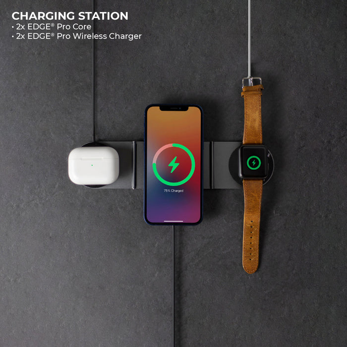 EDGE® Pro Full Kit - MagSafe modular kit - Hyperspace Black - MagSafe charging station with white earbuds case, black smartphone, and brown leather strap smartwatch on dark surface. - Rolling Square