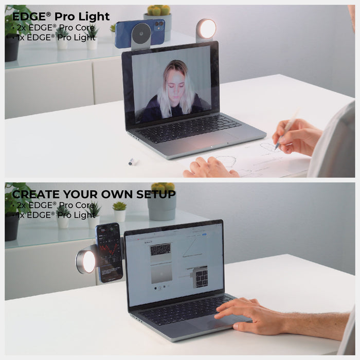 EDGE® Pro Full Kit - MagSafe modular kit - Hyperspace Black - Compact MagSafe modular lighting kit attached to the side of a laptop, emitting soft light in a modern workspace setting. - Rolling Square