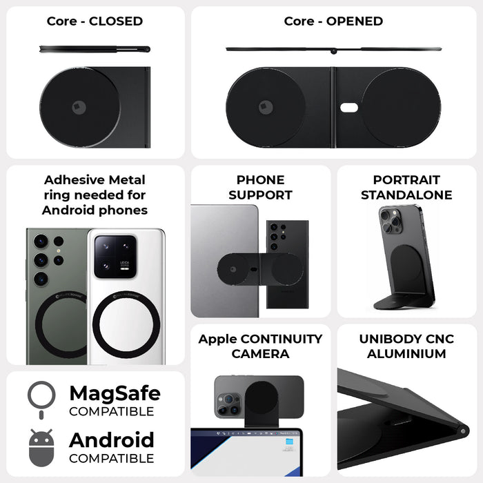 EDGE® Pro Core - MagSafe phone & tablet holder - Hyperspace Black - Black MagSafe phone and tablet holder with adhesive metal ring, showing open and closed views and mounting options. - Rolling Square