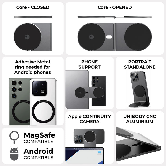 EDGE® Pro Core - MagSafe phone & tablet holder - Hyperspace Black - Black EDGE® Pro Core phone and tablet holder with rotating magnetic base, shown closed and opened states. - Rolling Square