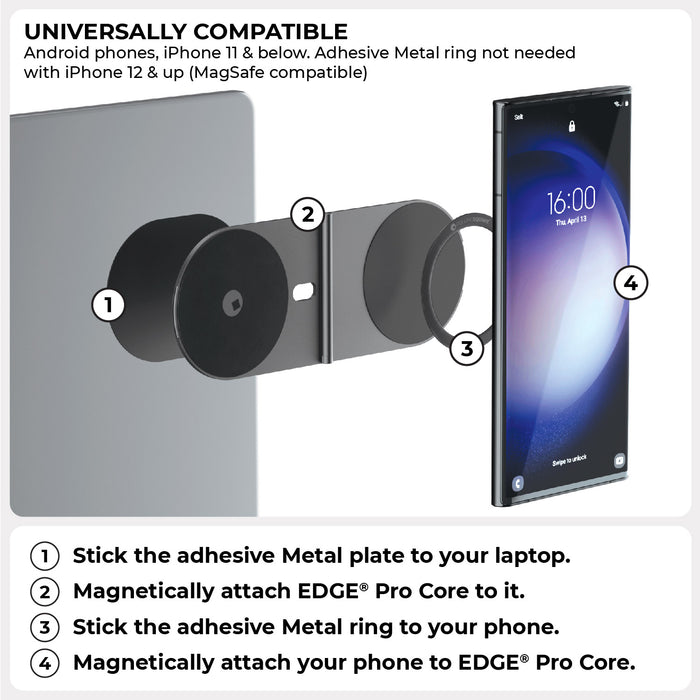 EDGE® Pro Core - MagSafe phone & tablet holder - Hyperspace Black - Black EDGE Pro Core MagSafe phone and tablet holder attached to a laptop with magnetic metal plate. - Rolling Square