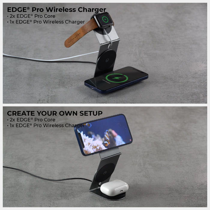 EDGE® Pro Wireless Charger - MagSafe charger, up to 15W - Hyperspace Black - Hyperspace Black EDGE Pro Wireless Charger stand holding a smartwatch and charging a phone. - Rolling Square