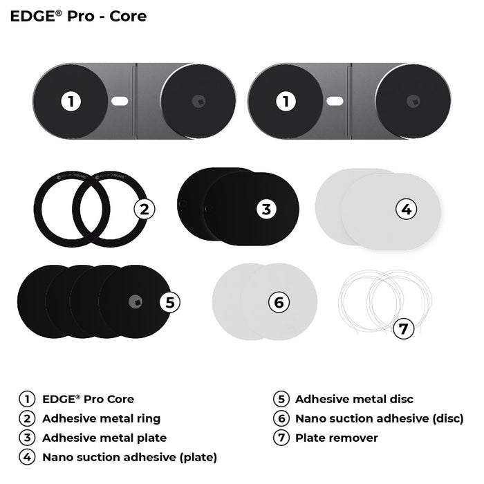 EDGE® Pro Tablet kit - MagSafe phone & tablet holder - Hyperspace Black - EDGE Pro Tablet kit components including black magnetic cores, adhesive metal plates, and white plate removers arranged on a . - Rolling Square