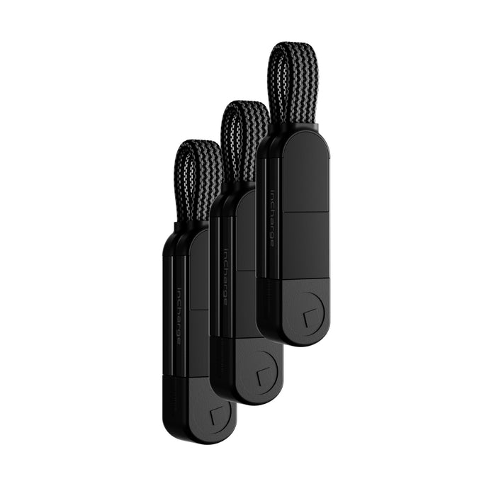 inCharge® X - 100W, 6in1 keyring cable - Lava Black - Three black compact 6-in-1 keyring charging cables with braided loop handles arranged vertically. - Rolling Square