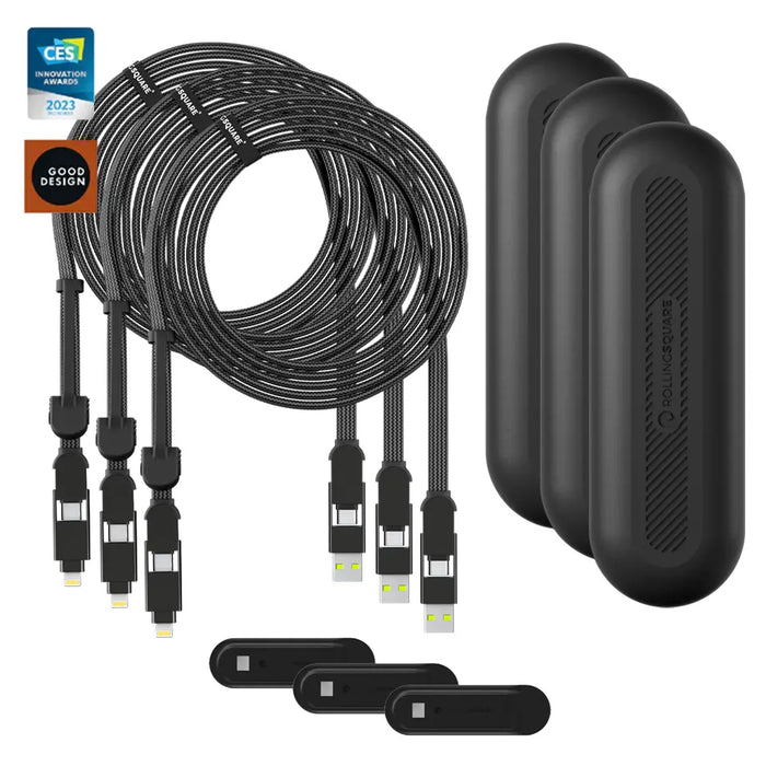 inCharge® XL 3m / 10ft - 100W, 6in1 ultra long cable - Urban Black - Three coiled black inCharge XL 3m multi-device charging cables with six connectors and three matching black magnetic cable. - Rolling Square
