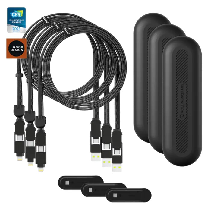 inCharge® XL 2m / 6.6ft - 100W, 6in1 super long cable - Urban Black - Three black 2m inCharge XL 6-in-1 charging cables with multiple connectors and matching black protective cases. - Rolling Square