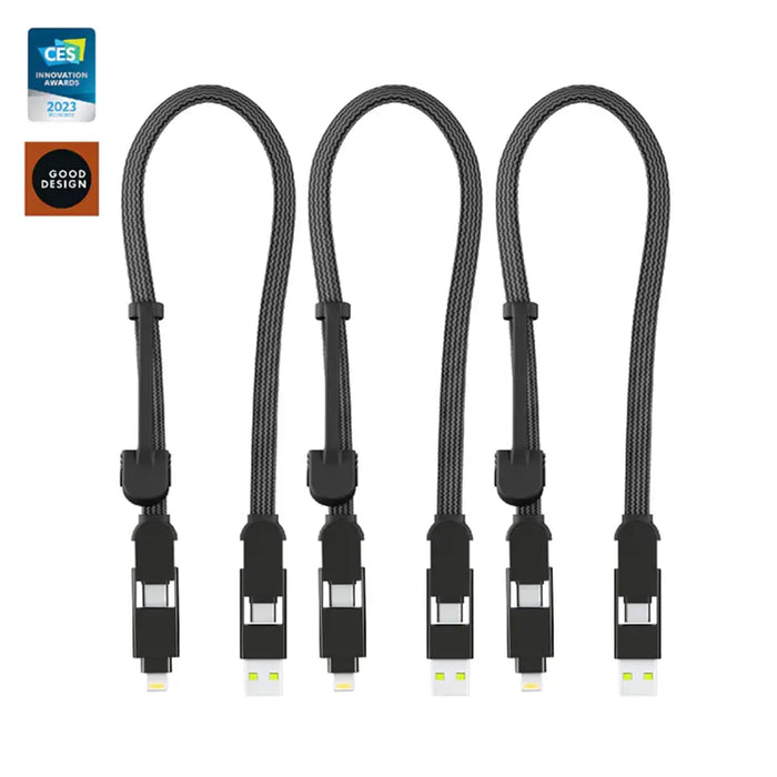 inCharge® XL 30cm / 1ft - 100W, 6in1 travel cable - Urban Black - Set of five black 30cm 6-in-1 travel charging cables with USB-C and Lightning connectors. - Rolling Square