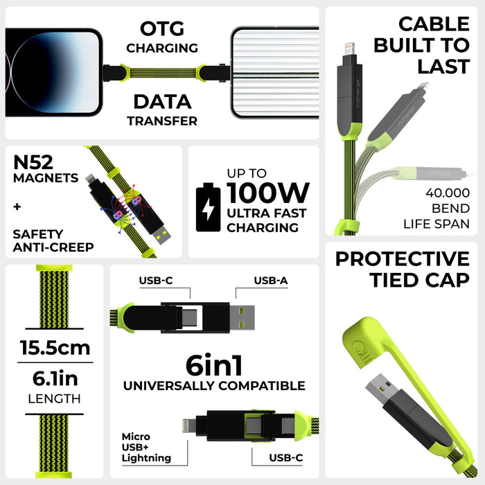 inCharge® XL Pocket - 100W, 6in1 keyring cable - Dragon Green - Green 6-in-1 inCharge XL keyring cable with protective tied cap, USB-C to USB-A and micro USB connectors, 6.1-inch length. - Rolling Square