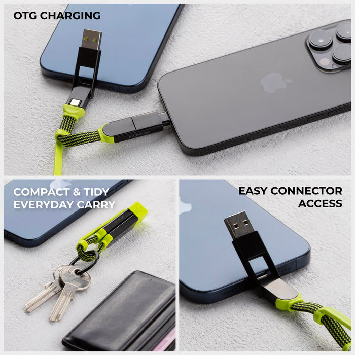inCharge® XL Pocket - 100W, 6in1 keyring cable - Dragon Green - Dragon green inCharge XL 6-in-1 keyring charging cable with USB and Lightning connectors, shown charging a smartphone. - Rolling Square