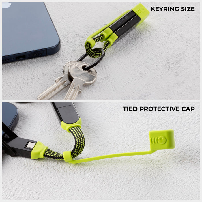 inCharge® XL Pocket - 100W, 6in1 keyring cable - Dragon Green - Compact dragon green and black keyring cable with protective cap, attached to keys and a phone. - Rolling Square