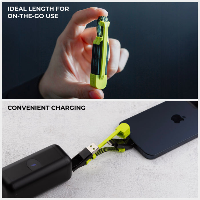 inCharge® XL Pocket - 100W, 6in1 keyring cable - Dragon Green - Compact neon green 6-in-1 keyring charging cable held between fingers and plugged into smartphone and black charger. - Rolling Square