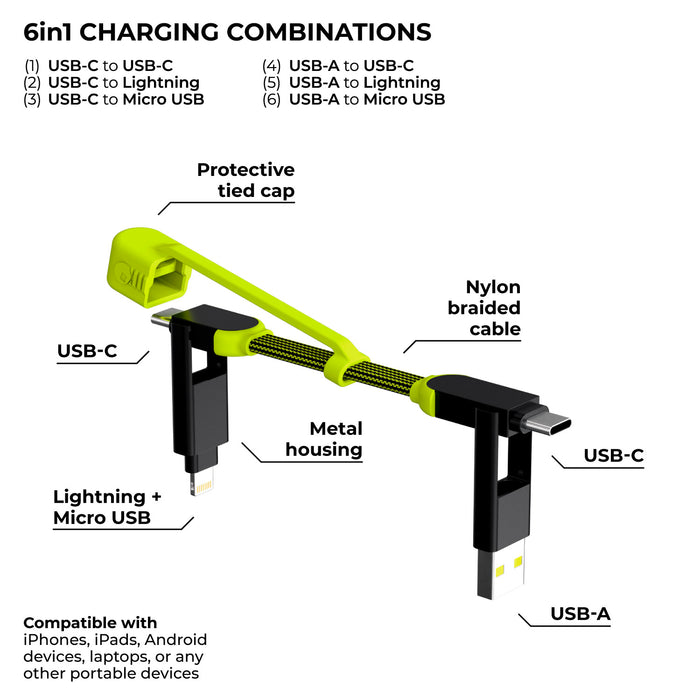 inCharge® XL Pocket - 100W, 6in1 keyring cable - Dragon Green - Dragon green inCharge XL 6in1 keyring cable with nylon braided cord and metal housing. - Rolling Square