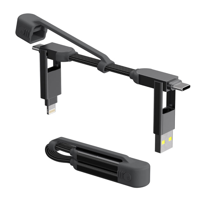 inCharge® XS - 240W, 4in1 keyring cable - Lanzarote Gray - Compact gray keyring 4-in-1 charging cable with USB, Lightning, and USB-C connectors. - Rolling Square