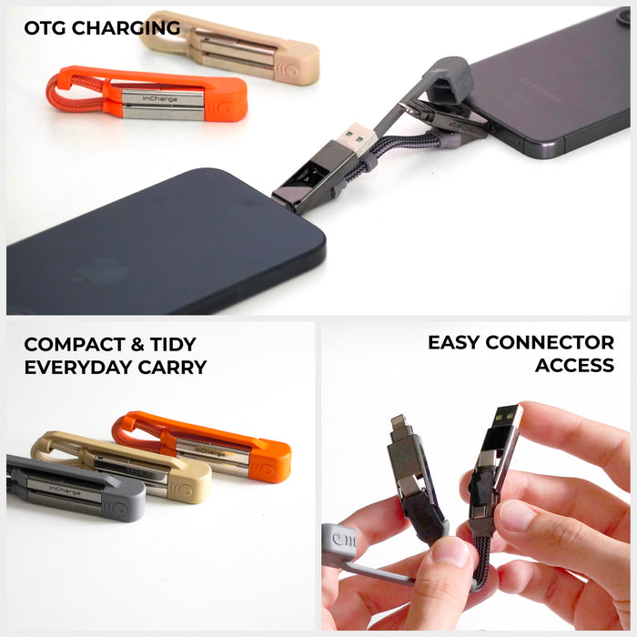 inCharge® XS - 240W, 4in1 keyring cable - Lanzarote Gray - Compact 4-in-1 keyring charging cable in black, connected to a phone and a power bank. - Rolling Square