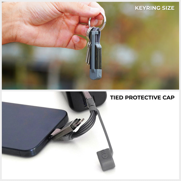 inCharge® XS - 240W, 4in1 keyring cable - Lanzarote Gray - Compact gray inCharge XS 4-in-1 keyring cable held in hand and connected to a smartphone with a tied protective cap. - Rolling Square