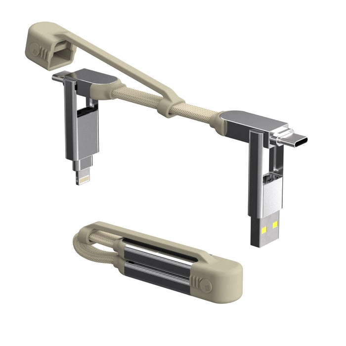 inCharge® XS - 240W, 4in1 keyring cable - Lanzarote Gray - Compact Sahara Beige 4-in-1 keyring charging cable with USB and lightning connectors. - Rolling Square