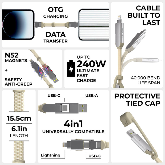 inCharge® XS - 240W, 4in1 keyring cable - Lanzarote Gray - Compact gray 4-in-1 keyring cable with Lightning, USB-C, and USB-A connectors, 15.5cm long, with protective tied cap. - Rolling Square