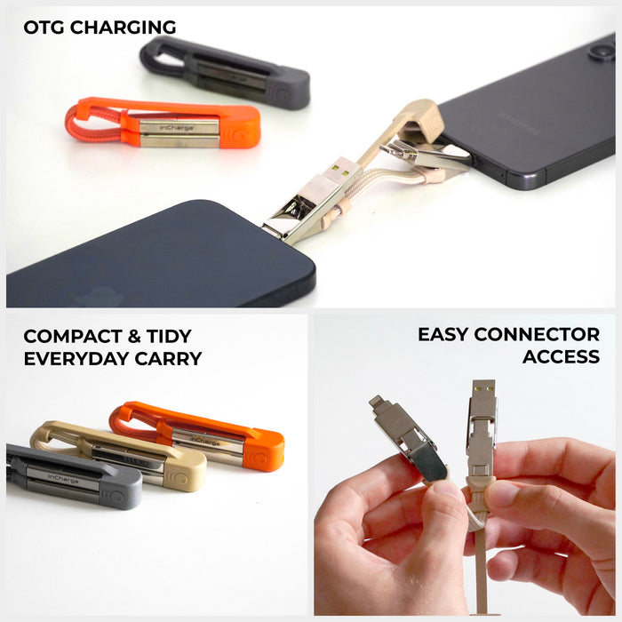 inCharge® XS - 240W, 4in1 keyring cable - Lanzarote Gray - Compact 4-in-1 keyring charging cables in gray, beige, and orange with USB and Lightning connectors. - Rolling Square