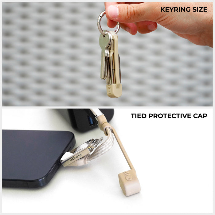 inCharge® XS - 240W, 4in1 keyring cable - Lanzarote Gray - Compact Lanzarote Gray 4-in-1 keyring charging cable with protective cap and metal ring. - Rolling Square