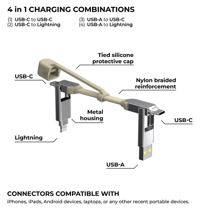inCharge® XS - 240W, 4in1 keyring cable - Lanzarote Gray - Compact 4in1 keyring charging cable in Lanzarote Gray with nylon braided reinforcement and metal housing. - Rolling Square