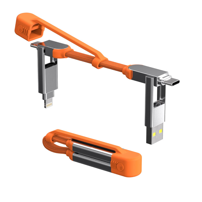 inCharge® XS - 240W, 4in1 keyring cable - Lanzarote Gray - Compact orange 4-in-1 keyring charging cable with USB, USB-C, Lightning, and Micro-USB connectors. - Rolling Square