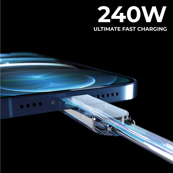 inCharge® XS - 240W, 4in1 keyring cable - Lanzarote Gray - Transparent fast-charging USB-C cable plugged into sleek dark smartphone port with 240W power graphic. - Rolling Square