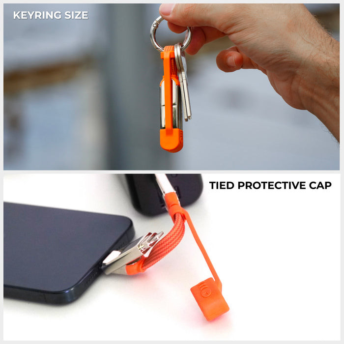inCharge® XS - 240W, 4in1 keyring cable - Lanzarote Gray - Compact orange 4-in-1 keyring charging cable with protective cap and metal keyring attachment. - Rolling Square