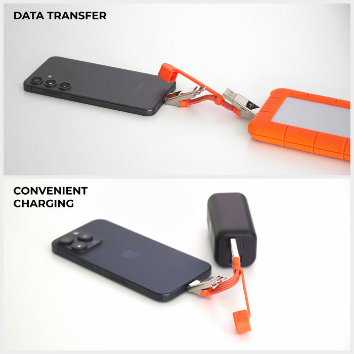 inCharge® XS - 240W, 4in1 keyring cable - Lanzarote Gray - Compact Lanzarote Gray 4-in-1 keyring cable charging a smartphone and connecting to an external drive. - Rolling Square