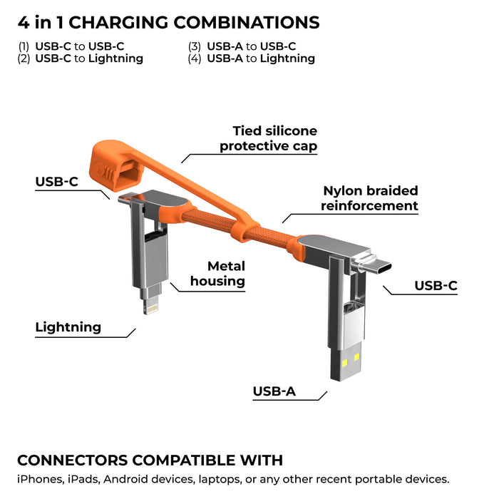 inCharge® XS - 240W, 4in1 keyring cable - Lanzarote Gray - Orange 4-in-1 keyring cable with USB-C, Lightning, USB-A, silicone cap, metal housing, nylon braided reinforcement. - Rolling Square