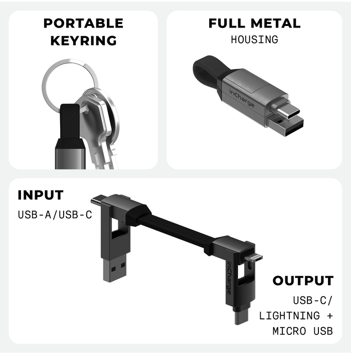 inCharge® 6 - 15W, 6in1 keyring cable - Mercury Gray - Compact black 6-in-1 keyring charging cable with USB-A, USB-C, Lightning, and Micro USB connectors and metal housing. - Rolling Square