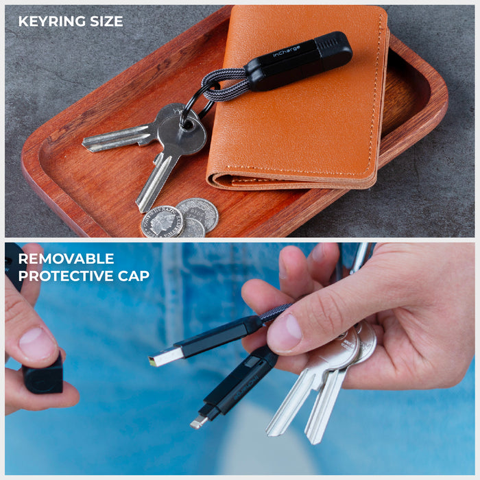 inCharge® X - 100W, 6in1 keyring cable - Lava Black - Compact black keyring cable with removable cap attached to keys and wallet on wooden tray, close-up of connector detail. - Rolling Square