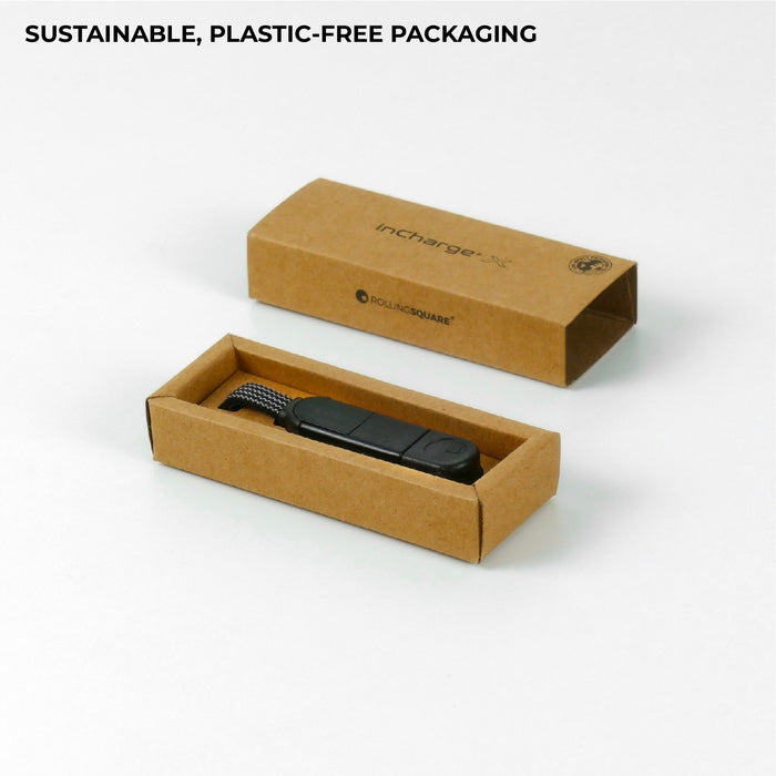 inCharge® X - 100W, 6in1 keyring cable - Lava Black - Black multi-connector keyring charging cable in eco-friendly cardboard box with sliding lid. - Rolling Square
