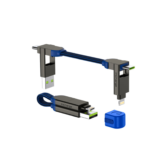 inCharge® X - 100W, 6in1 keyring cable - Lava Black - Compact black and blue 6-in-1 keyring charging cable with USB and multiple connectors. - Rolling Square