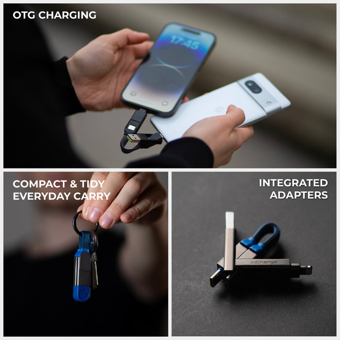 inCharge® X - 100W, 6in1 keyring cable - Lava Black - Compact black inCharge X 6-in-1 keyring cable charging a smartphone and handheld device. - Rolling Square