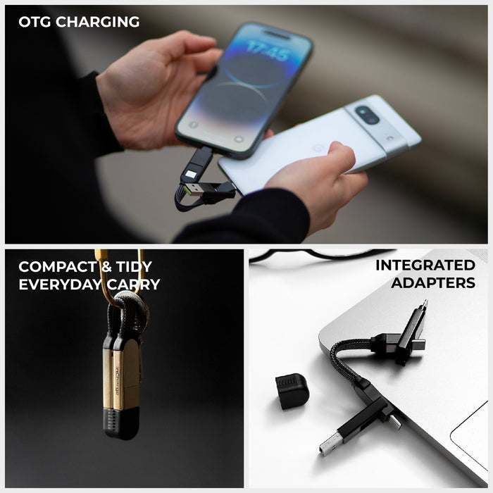 inCharge® X - 100W, 6in1 keyring cable - Lava Black - Black compact keyring cable with integrated adapters charging two smartphones simultaneously. - Rolling Square