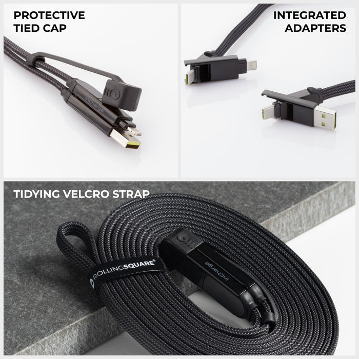 inCharge® XL 3m / 10ft - 100W, 6in1 ultra long cable - Urban Black - Black inCharge XL 3m ultra long charging cable with integrated adapters, protective tied cap, and tidy Velcro strap. - Rolling Square
