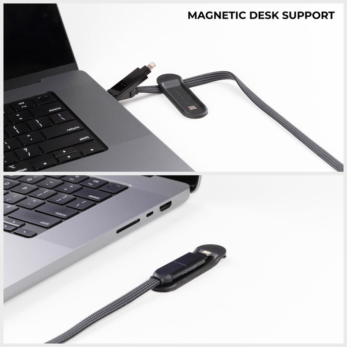 inCharge® XL 3m / 10ft - 100W, 6in1 ultra long cable - Urban Black - Black flat inCharge XL 3m cable with magnetic desk support attached to laptop side ports. - Rolling Square