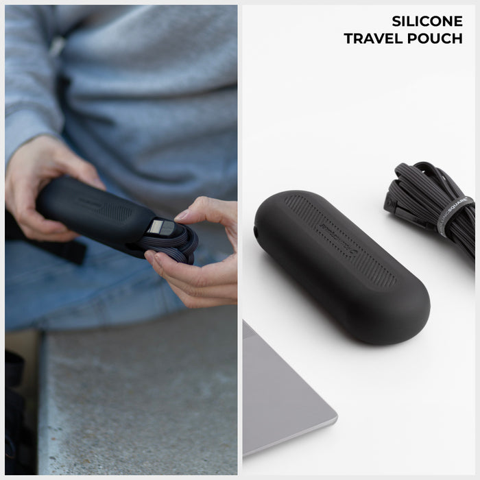 inCharge® XL 3m / 10ft - 100W, 6in1 ultra long cable - Urban Black - Black silicone travel pouch for inCharge XL cable with 10ft ultra long charging cable rolled beside it. - Rolling Square