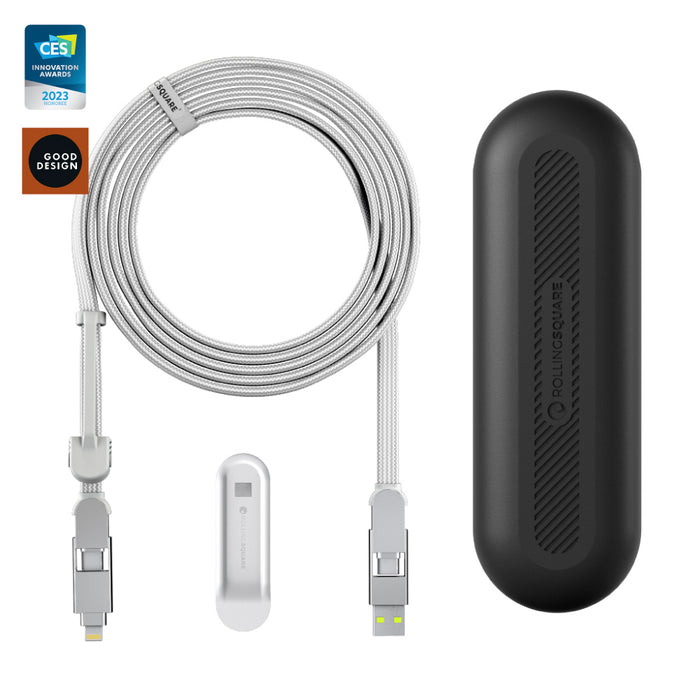 inCharge® XL 3m / 10ft - 100W, 6in1 ultra long cable - Urban Black - White 3m inCharge XL ultra long 6-in-1 charging cable with compact black carrying case and cable clip. - Rolling Square