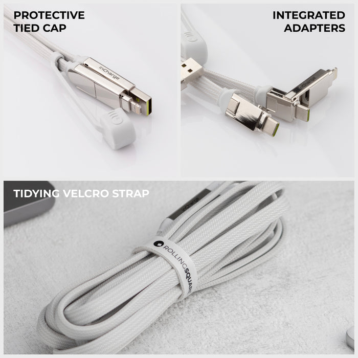 inCharge® XL 3m / 10ft - 100W, 6in1 ultra long cable - Urban Black - White inCharge XL 3m cable with protective tied cap, integrated adapters, and tidying Velcro strap. - Rolling Square