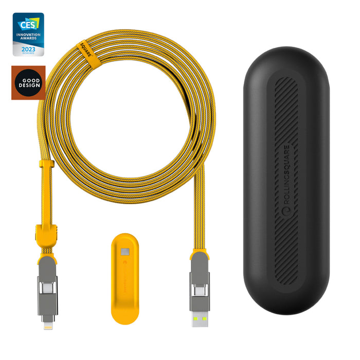 inCharge® XL 3m / 10ft - 100W, 6in1 ultra long cable - Urban Black - Yellow 3m inCharge XL 6-in-1 charging cable with USB-A, USB-C, Lightning connectors and black protective case. - Rolling Square