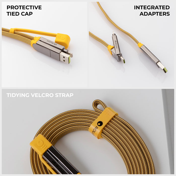 inCharge® XL 3m / 10ft - 100W, 6in1 ultra long cable - Urban Black - Ultra-long 3m inCharge XL 6in1 cable in summit yellow with integrated adapters, protective cap, and velcro strap. - Rolling Square