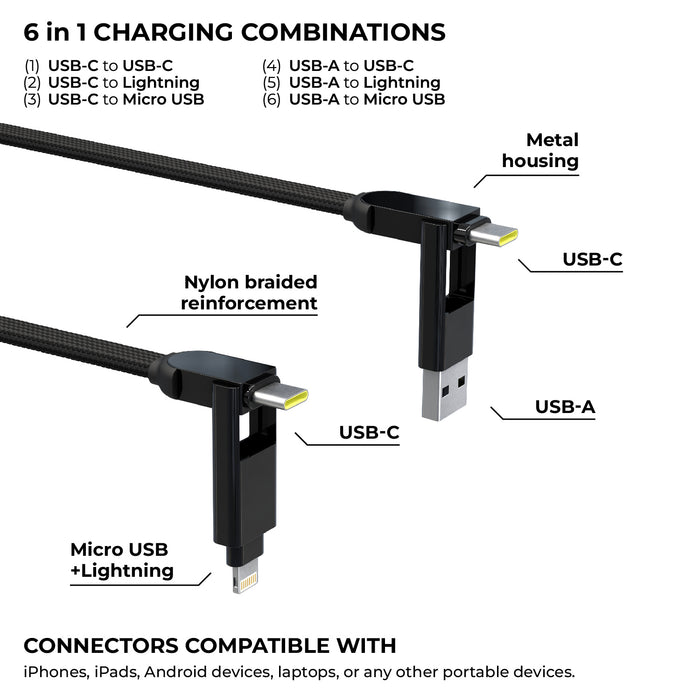 inCharge® XL 2m / 6.6ft - 100W, 6in1 super long cable - Urban Black - Black 2m inCharge XL 6-in-1 charging cable with USB-C, USB-A, Micro USB, and Lightning connectors with metal housing and. - Rolling Square