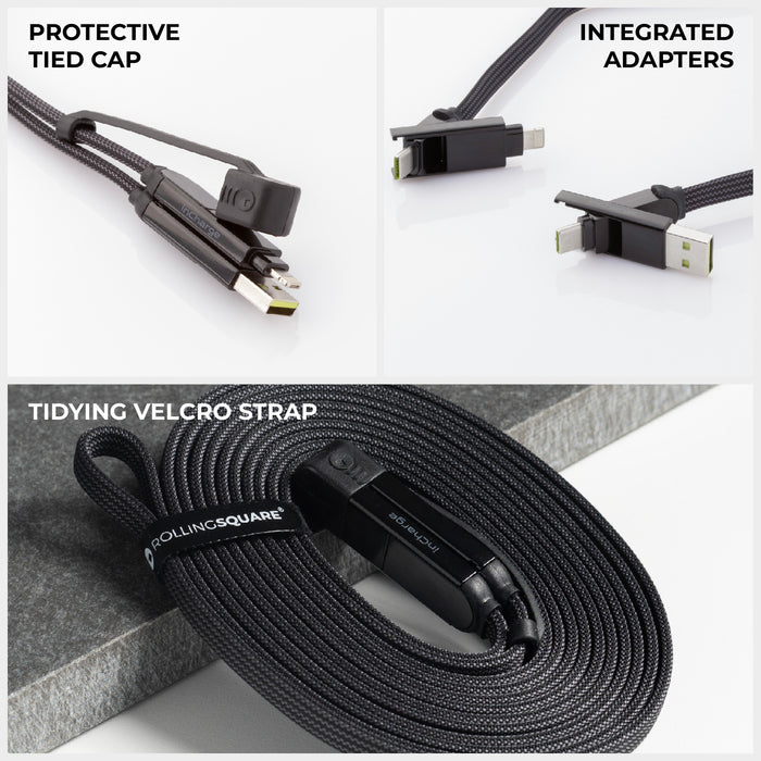 inCharge® XL 2m / 6.6ft - 100W, 6in1 super long cable - Urban Black - Black 2m inCharge XL cable with multiple integrated adapters and protective tied cap, coiled with velcro strap. - Rolling Square