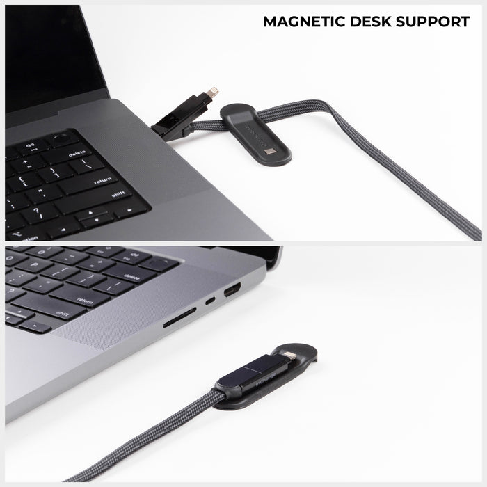 inCharge® XL 2m / 6.6ft - 100W, 6in1 super long cable - Urban Black - Black inCharge XL 2m 6-in-1 charging cable with magnetic desk support attached to laptop. - Rolling Square